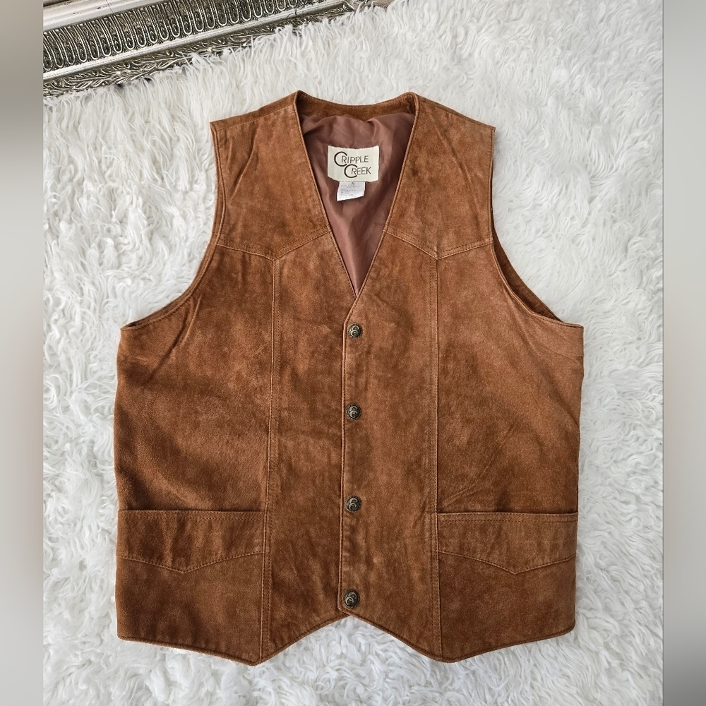 Cripple Creek Mens Boar Suede Leather Western Snap Front Vest. Size Medium. Good